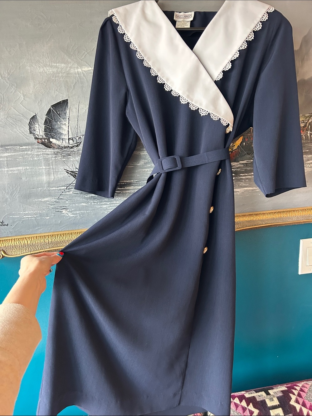 Vintage Navy Sailor Collar Dress • Lace Trim • Belted Wrap Style • Cottagecore - Picture 2 of 11
